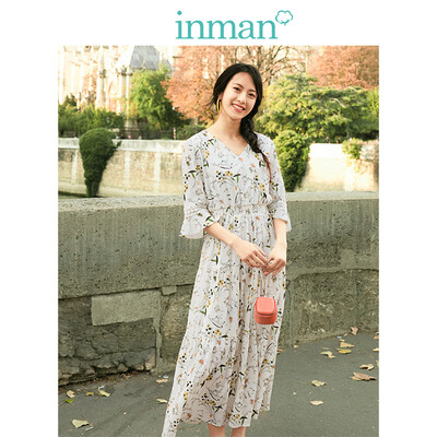 

INMAN 2019 spring new V-neck retro floral art holiday wind thin loose A-line dress long skirt female 1891104544 white