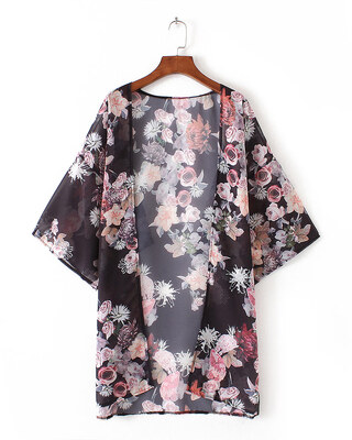 

New Women Chiffon Loose Cardigan Open Front Floral Print 34 Sleeves Beach Thin Vintage Outerwear Black