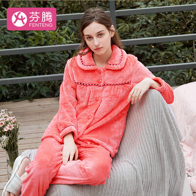 

Fenton coral velvet ladies pajamas simple&generous lapel cardigan home service suit pajamas women winter H9446536 watermelon red L