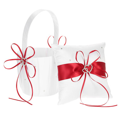 

6 6 inches Double Heart Satin Ring Bearer Pillow&Wedding Flower Girl Basket Set with Rhinestone Ribbon Decoration Red