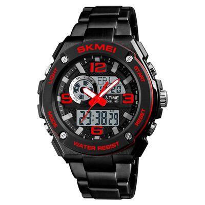

SKMEI 1333 Men Quartz 3 Time Chrono Watches Countdown Analog Digital Display Wristwatch 5ATM Waterproof Fashion Casual Backlight M