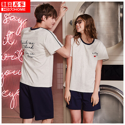 

Red bean home 2019 spring&summer new couple pajamas mens round neck cartoon crab embroidery short-sleeved shorts casual home service suit 313 mens light gray 17092A