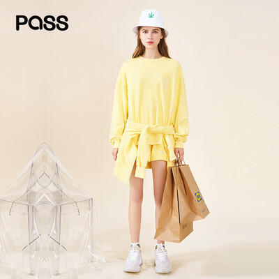 

PASS2019 spring new long-sleeved sweater womens shorts three-piece sports&leisure suit tide yellow S