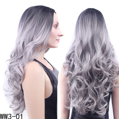 

Womens wig headpiece black gradient grandma gray long curly hair big wavy wig headpiece