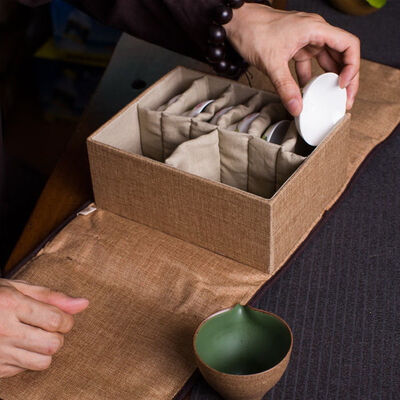 

Linen Travel Storage Bag Soft Case for Kung Fu Tea Set 8 Compartments 26x18x10cm