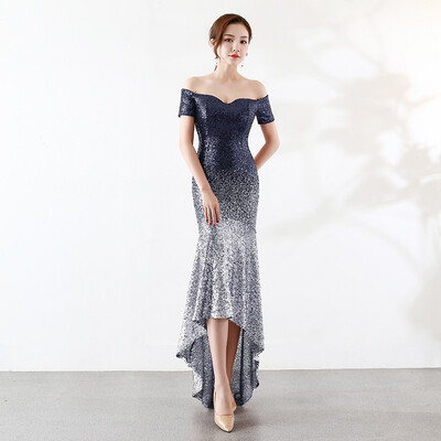 

Front Short Back Long Mermaid Evening Dress Fashion Boat Neck Gradient Color Sequin Party Dinner Long Evening Dress