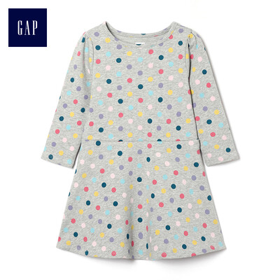 

GAP flagship store female young print round neck long sleeve wide swing dress 398376 gray dot 18-24M