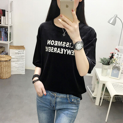 

JOY OF JOY Jingdong Womens 2019 Summer New Korean Fashion Short Sleeve T-Shirt Womens Personality Print Loose Casual Tops Women JWTD191832 Black L