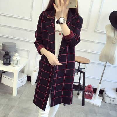 

Womens overcoat womens 2018 autumn wear womens suit with plaid knitted cardigan womens long&slim one-piece sweater coat