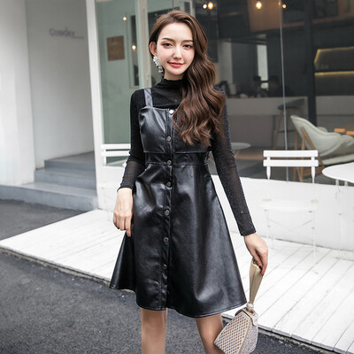 

JOY OF JOY Jingdong Womens 2019 Spring New Mesh Perspective Bottoming Shirt Top PU Leather Sling Dress Two-piece Set JWQZ191555 Black L