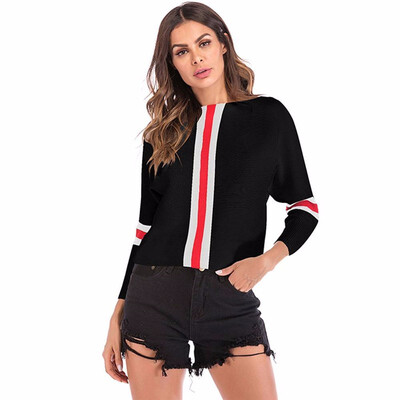 

Women Striped Bat Sleeve Short Bottom Sweater