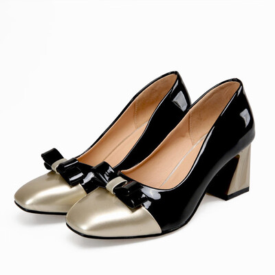 

IDIFU Womens Elegant Bowknot Square Toe Wide Work Shoes Color Block Chunky Mid Heels Slip-on Pumps