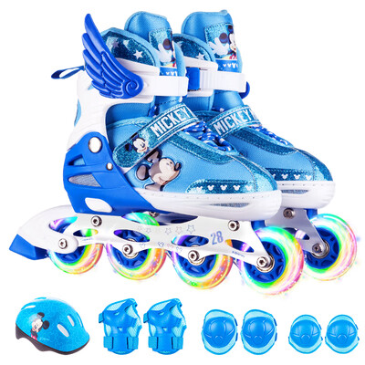 

Disney skates children adjustable code flash full set of roller skates men&women roller skates skates to send protective gear helmet blue Mickey  code
