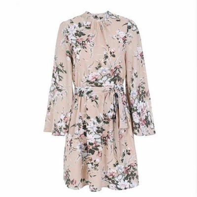 

2018 Backless lace up summer dress women Flare sleeve floral print chiffon dress Beach casual short dress robe femme