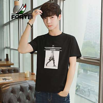 

FORTEI Short Sleeve T-Shirt Men 2019 Summer New Fashion T-Shirt Slim Stretch Cotton Round Neck Shirt Mens Clothing C28 Black XL