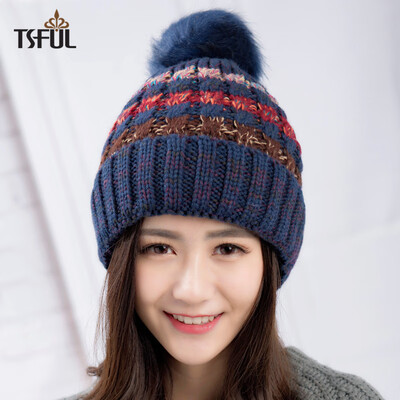 

Tsful hat female winter new fashion color matching warm earmuffs knitted wool hat CM3006B Navy