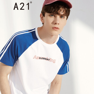 

Pure online brand A21 summer 2019 new mens round neck short-sleeved T-shirt wild casual letter printing mens short T-shirt R492131034 blue 17084AM