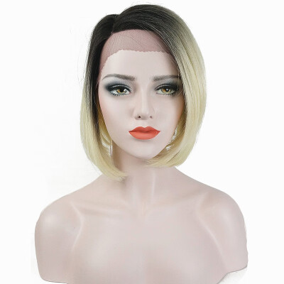 

StrongBeauty Bob Lace Front Wig with L Part Lace Wig Ombre Blonde Black Root Hand tied Invisible Synthetic Straight Wigs