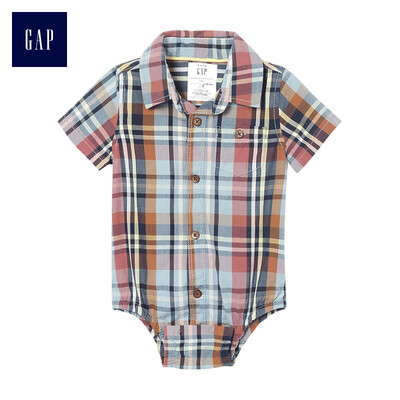 

GAP flagship store childrens clothing baby boy baby cotton cute plaid short-sleeved jumpsuit 336508 retro navy blue 6-12M