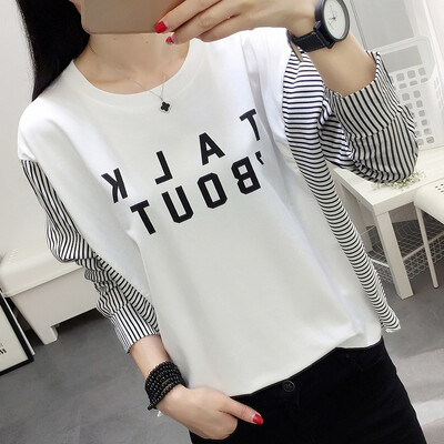 

Long Yue womens long-sleeved T-shirt female 2019 spring new Korean version of the loose stitching shirt shirt student shirt LWTC191357 white S