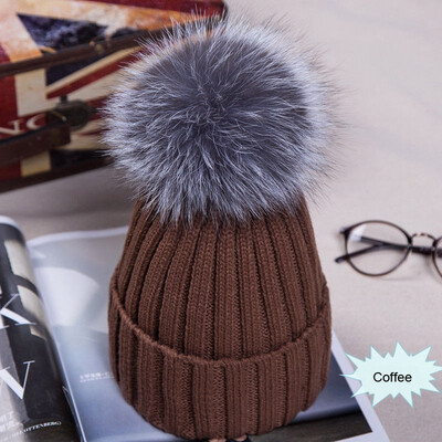 

Newest Large Ball Womens Hat Winter Warm Fox 15cm Fur Pom Knit Berets Ski Casual Pop Cap Bobble