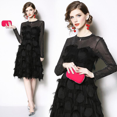 

S M L XL XXL elegant new spring 2019 midi dress women long sleeve black A line party lady