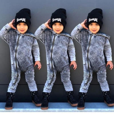 

Newborn Kids Baby Boy Girl Denim Hooded Romper Playsuit Pants Outfit Clothes 0-3T