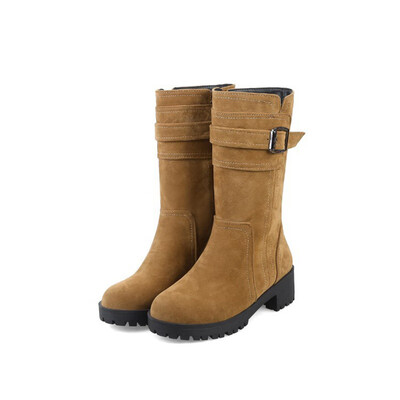 

IDIFU Womens Casual Buckle Strap Round Toe Block Low Heel Platform Pull on Faux Suede Mid Calf Boots