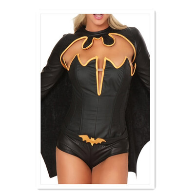 

Marvel hero batman womens COS suit black pu bat sleeves jumpsuit masquerade ds costume