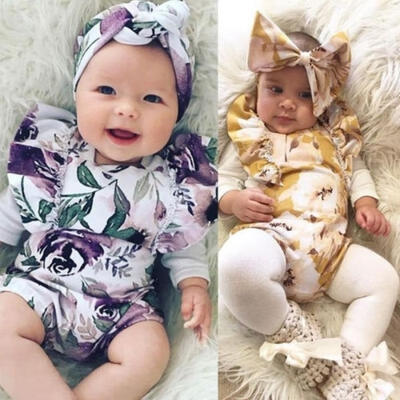 

Newborn Baby Girl Floral RomperHeadband 2Pcs Cotton Bodysuit Outfits Set