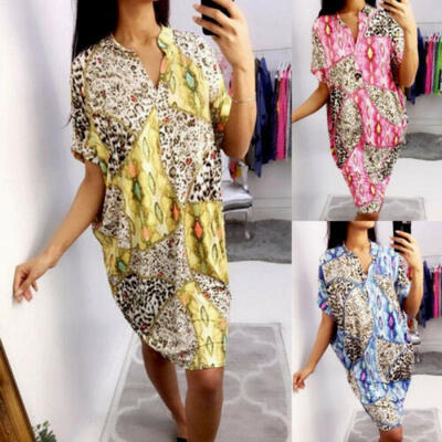 

2019Womens Bat Sleeve Leopard Casual Loose Mini T-shirt Dress Long Tops Oversize
