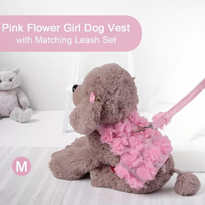 

Pink Flower Girl Dog Vest Mesh Harness with Matching Leash Set Costume Dog Dress for Medium Size Female Dogs