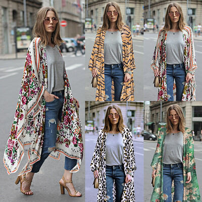 

New Women Chiffon Kimono Cardigan Floral Leopard Print Asymmetric Boho Loose Outerwear Beachwear Bikini Cover Up