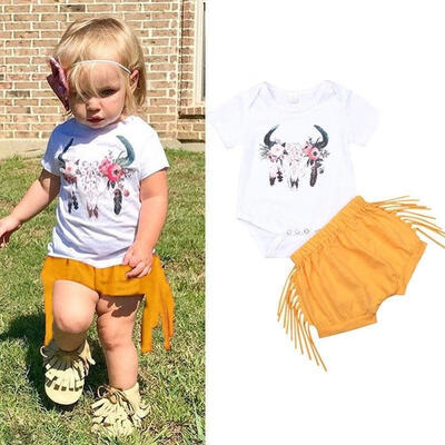 

Toddler Kid Girls Short Sleeve Casual Outfits Animal Romper Tassel Pants Clothes 0-24M 2pcs