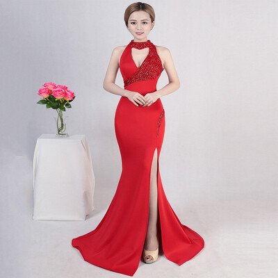 

New Sexy Halter Diamond Hollow Mermaid Dress Black Elegant Sleeveless Long Slim Party Dinner Evening Dress