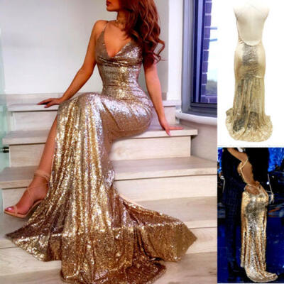 

Women Sequin Long Maxi Dress Evening Party Cocktail Club Deep V Dress Gown Sexy