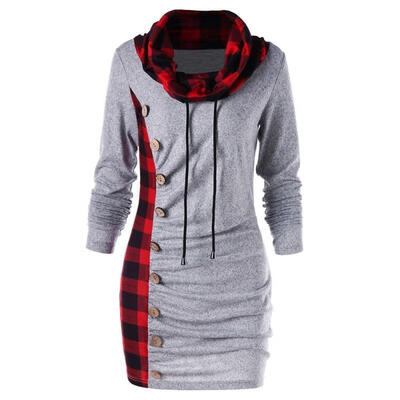 

Womens Long Sleeve High Collar Plaid Jumper Sweater Sweatshirt Dress Casual Tops