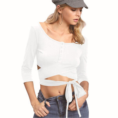 

PREISEI Summer Women Sexy Simple Solid Slim Lace Up Half Sleeve Large O-Neck Knitted T Shirt Bandage Ladies Tops 3A1688