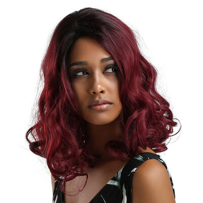 

Element 16 inch Synthetic Wig Shoulder Length Wavy Wigs Right Side Parting Hairpiece Ombre Wine Red Dark Root Free Shipping