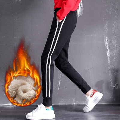

Langyue womens 2018 autumn&winter new Korean version plus velvet thickening sports pants female students casual pants two bars warm pants LWKX189213 black M