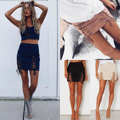 

Sexy Women High Waist Hollow Bandage Lace Up Faux Suede Party Short Mini Skirt