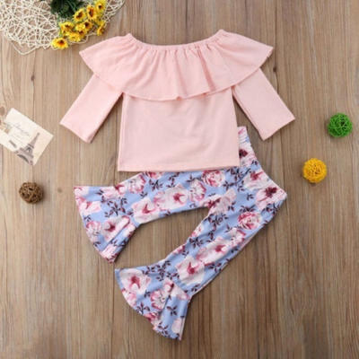 

2PCS Newborn Baby Girl Ruffle Long Sleeve Tops T-shirt Floral Flared Pants Outfits Clothes Set 0-5T