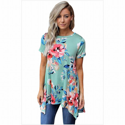 

Round neck short sleeve retro printed blouse midi top