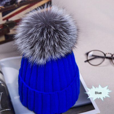 

Newest Large Ball Womens Hat Winter Warm Fox 15cm Fur Pom Knit Berets Ski Casual Pop Cap Bobble