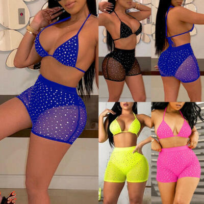 

Women Rhinestone Crystal Diamond Push-up Bikini Set Bathing Swimsuit Swimwear UK