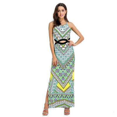 

PREISEI Summer Elegant Boho Chic Print Maxi Dress Women Slash Neck Sleeveless Spaghetti Strap Long Green Beach Dresses PR2330