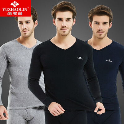 

Yu Zhaolin YUZHAOLIN thermal underwear mens autumn clothing long trousers cotton bottoming V-neck cotton sweater warm basic underwear set male Tibetan blue
