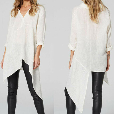 

Starmoon Fashion Women V-Neck Solid Long Sleeve Cut Out Blouse Cotton Asymmetric Tops