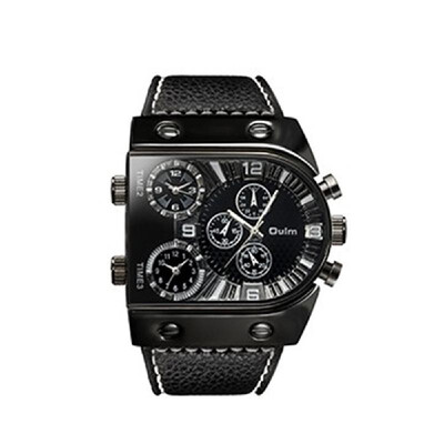 

OULM Men Three Time Zones Leather Band Quartz Watch Cool Big Dial Analog Wrist Watches