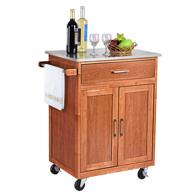 

Wooden Kitchen Rolling Storage Cabinet with Stainless Steel Top